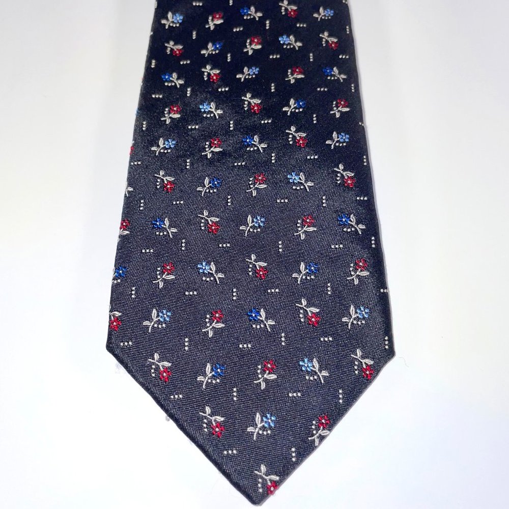 Silk Prada Tie in Navy Blue W/White, Blue & Red Floral Pattern